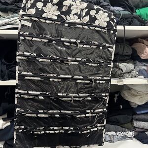 Hanging Floral Jewelry Organizer with Clear Pockets - Black & White